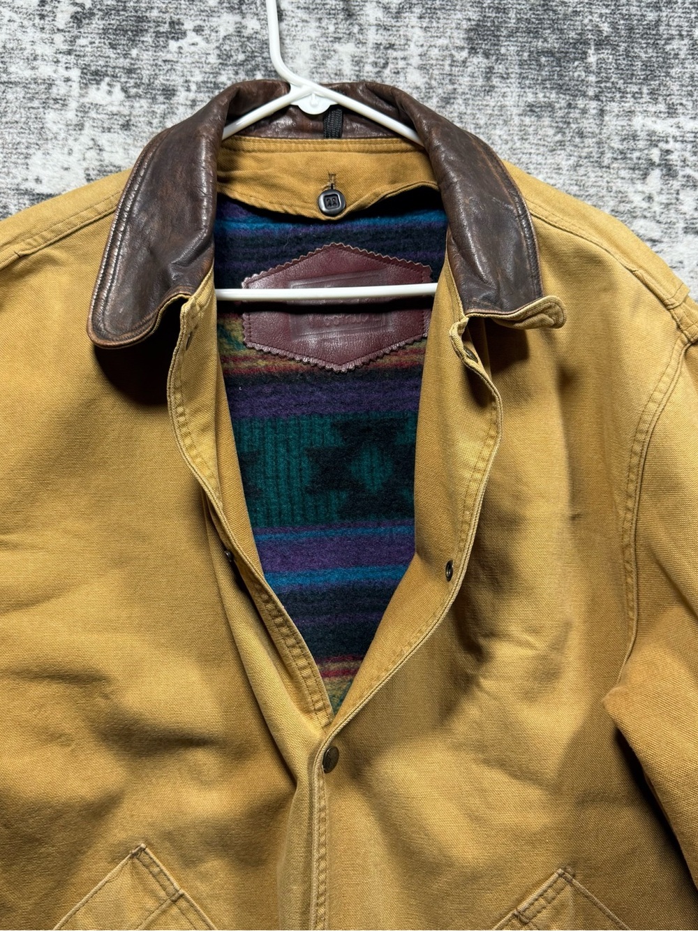 VTG Woolrich Chore Barn Coat L Aztec Wool Blanket-Lined Leather Collar Snap